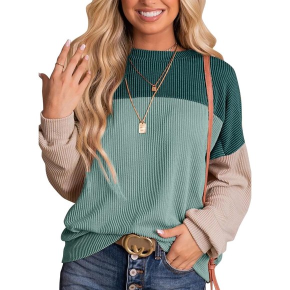 Women's Fashion Color Block Long Sleeve Crewneck Knitted Casual Loose Pullover - Picture 1 of 8